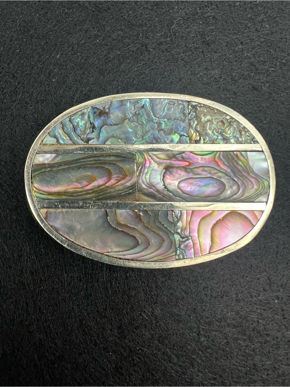 Vintage Mexican Abalone Shell Inlay Belt Buckle Silvertone